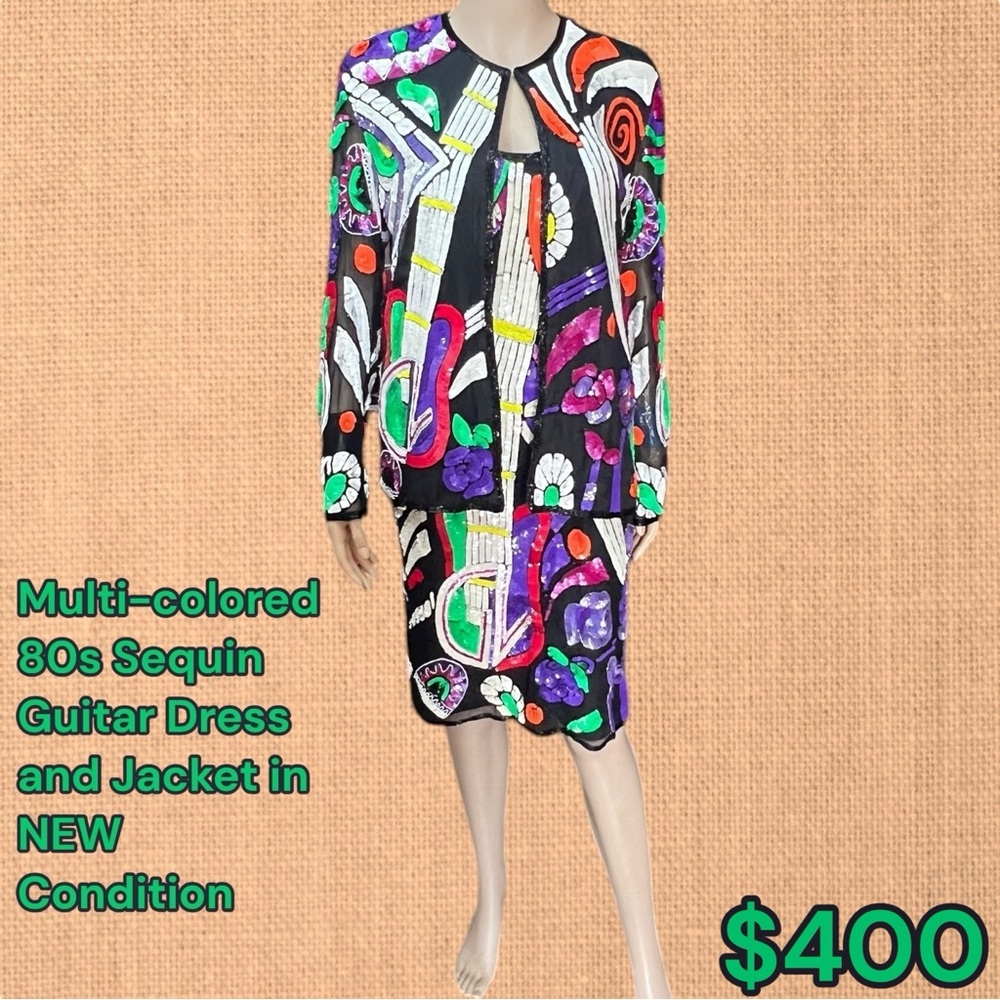 Multi-colored 80s Sequin Guitar Dress and Jacket. Size Small. Like NEW Condition